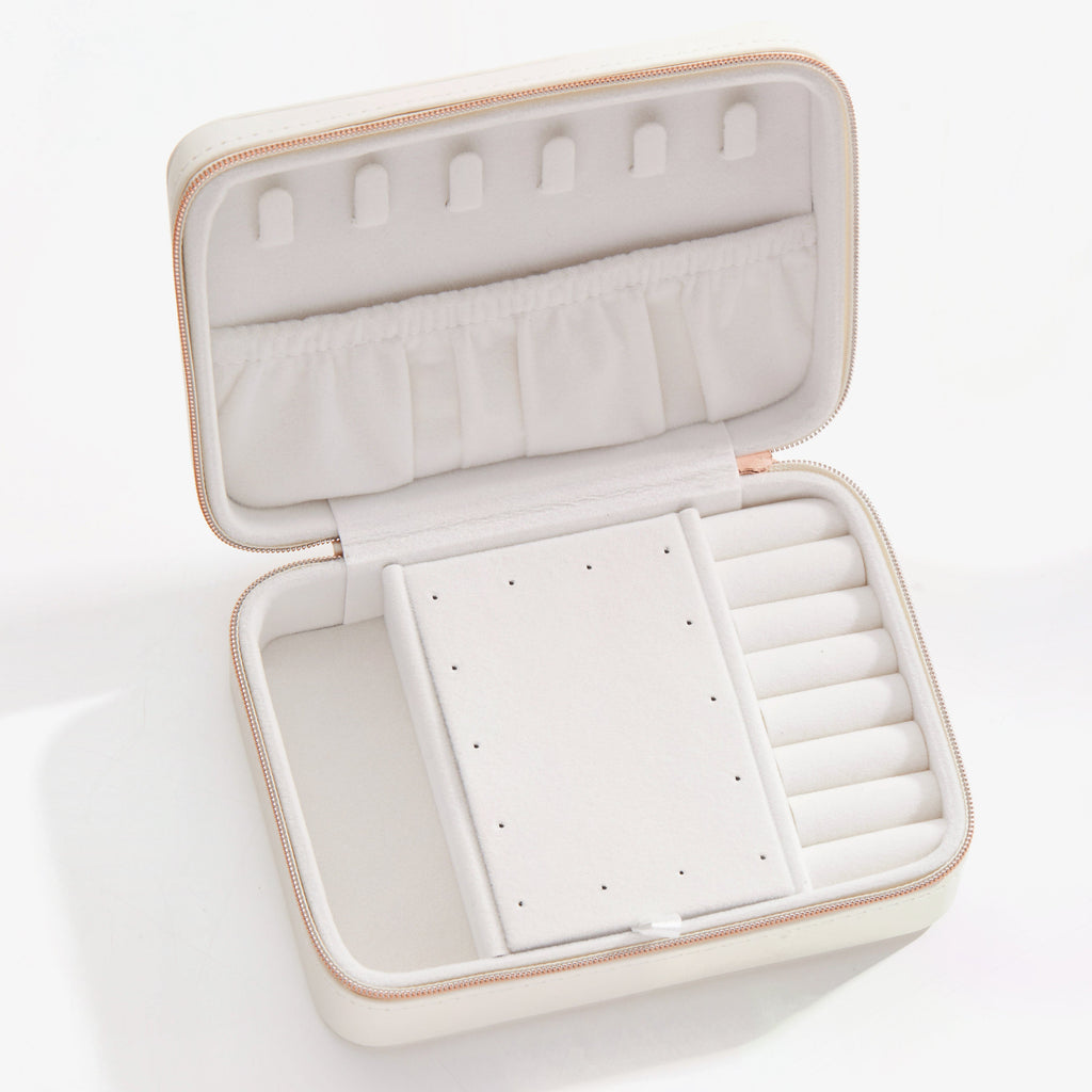 Geometric Leather Jewelry Case, White and Rose-Gold Travel Organizer