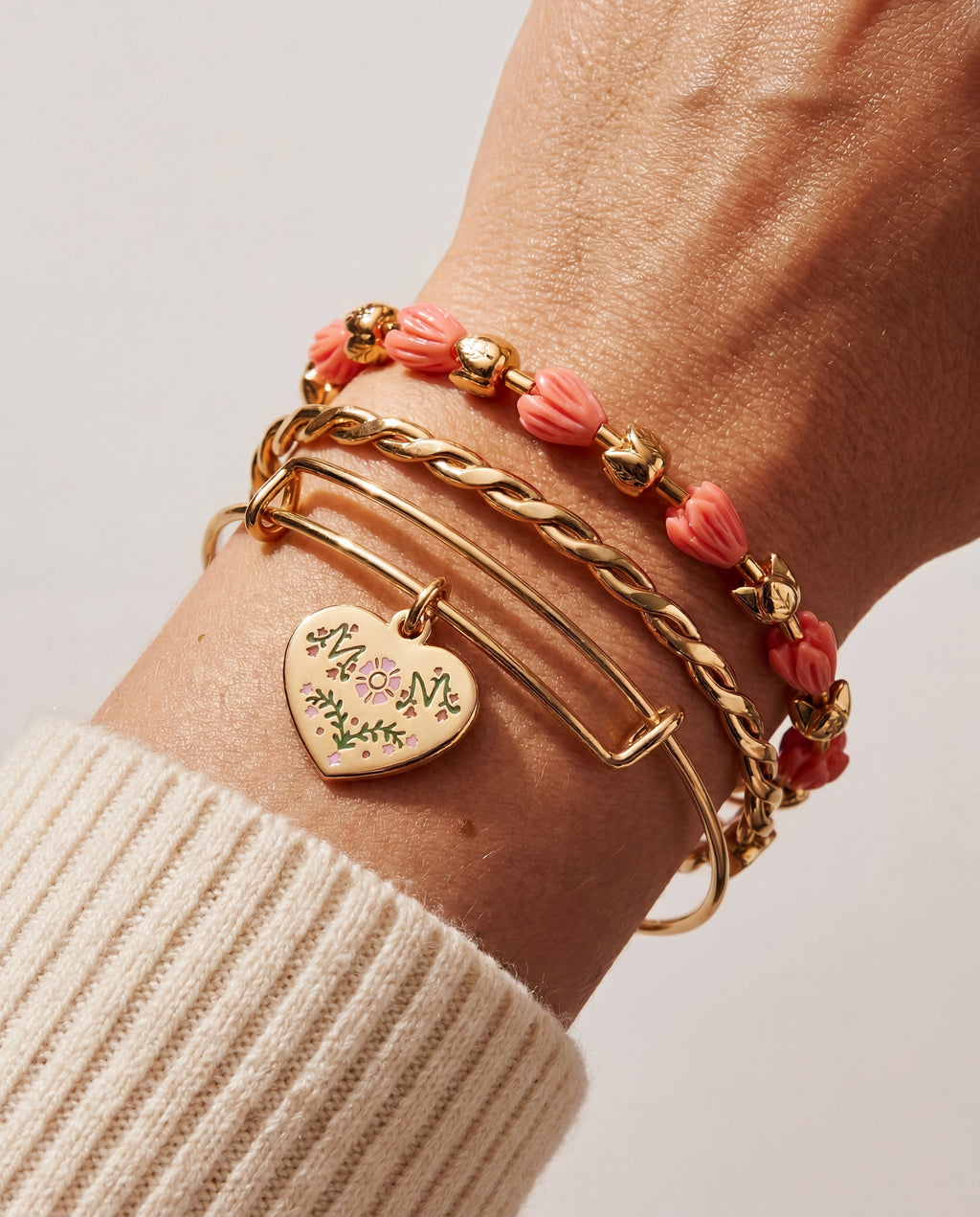 Floral Mom Tulip Bangle Bracelet Set of 3 in Gold and Pink