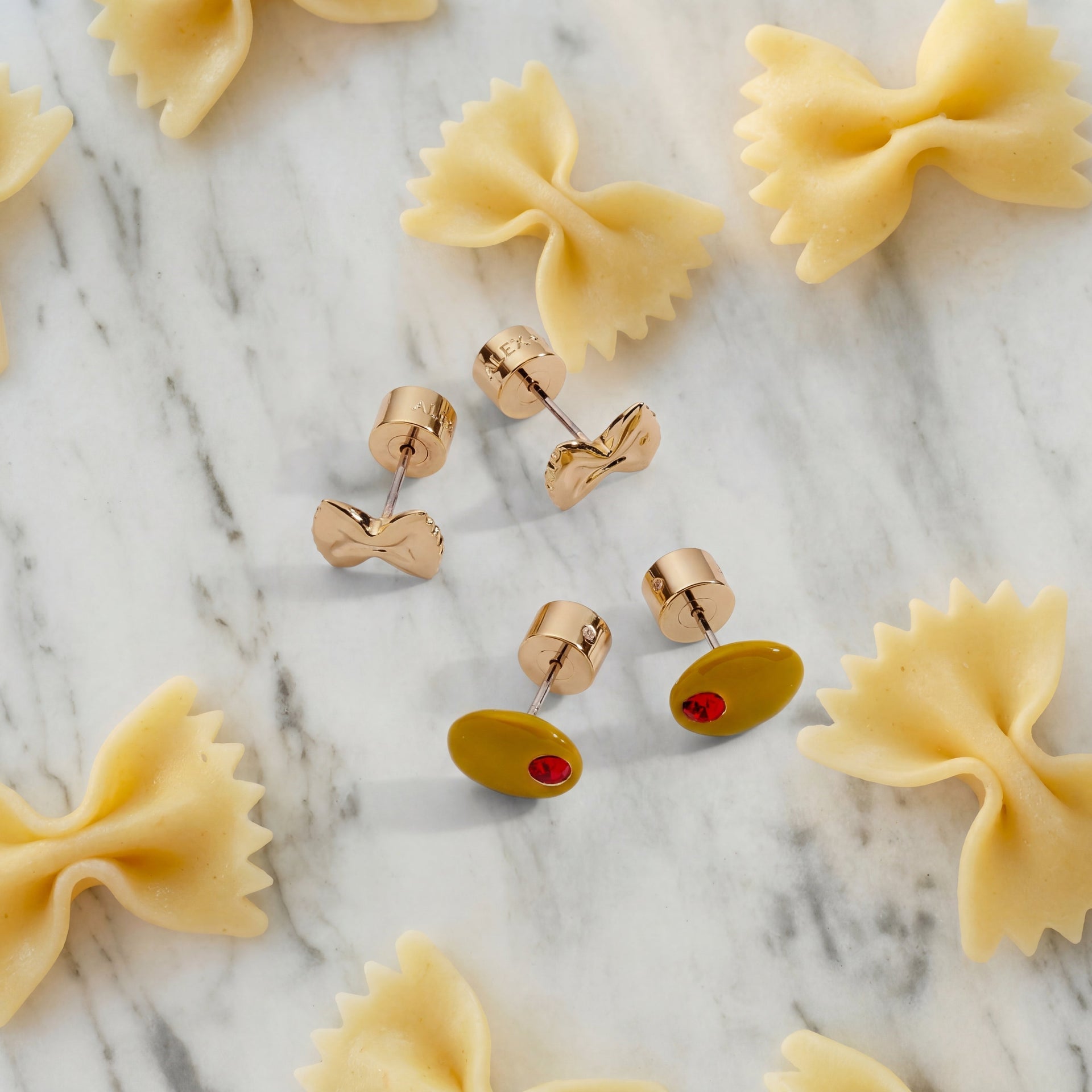 Gold Italian Pasta Stud Earrings Set - Whimsical Olive & Bowtie