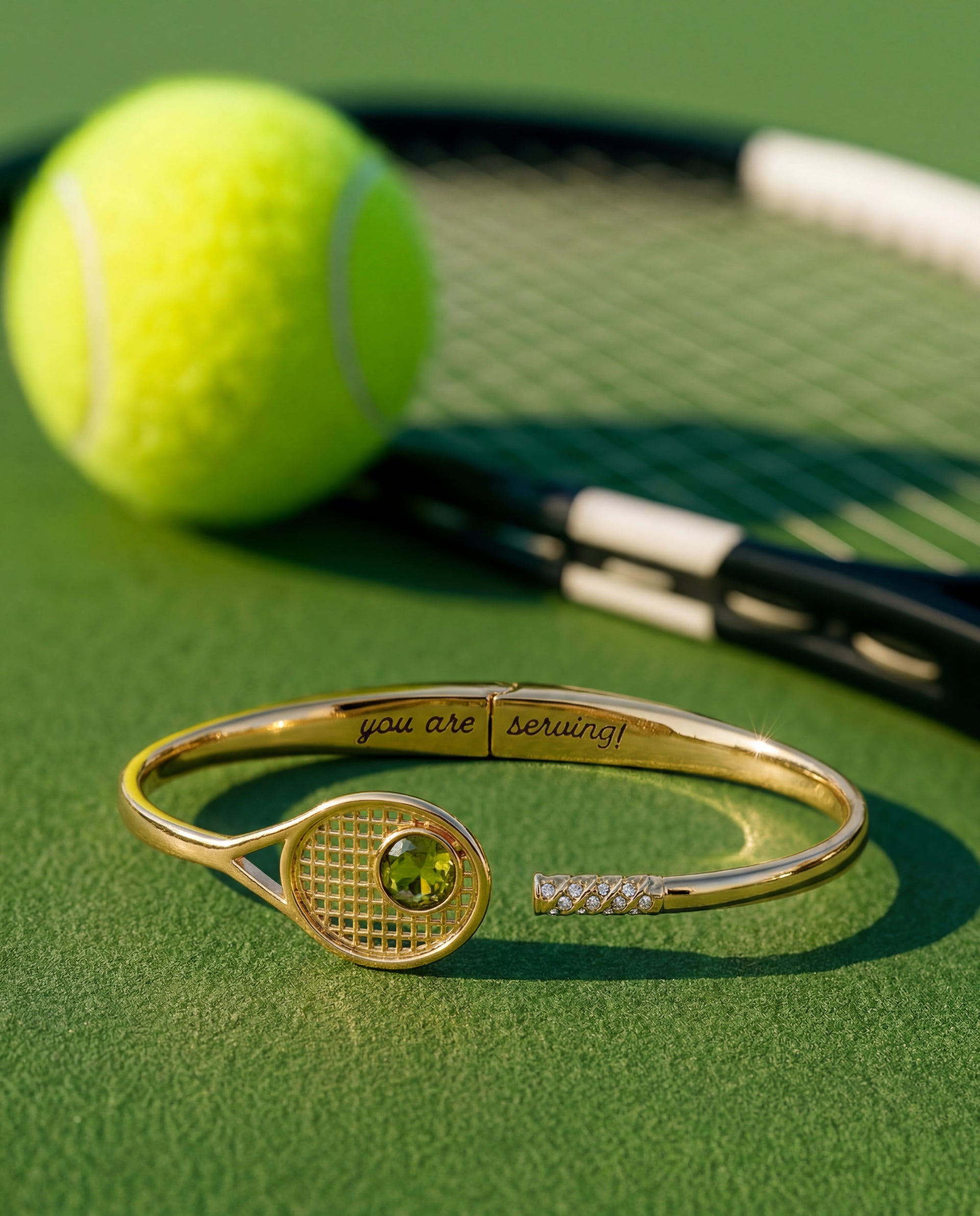 Tennis Racket Hinge Cuff Bracelet with Peridot and Crystals