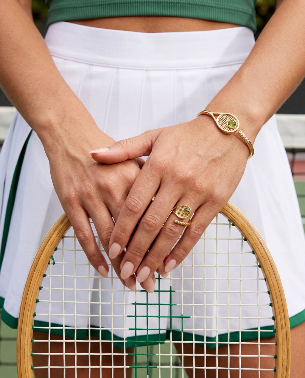 Tennis Racket Hinge Cuff Bracelet with Peridot and Crystals