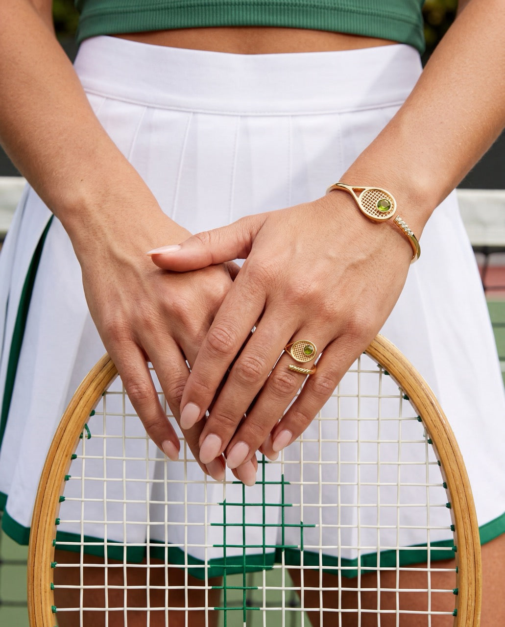 Tennis Racket Hinge Cuff Bracelet with Peridot and Crystals