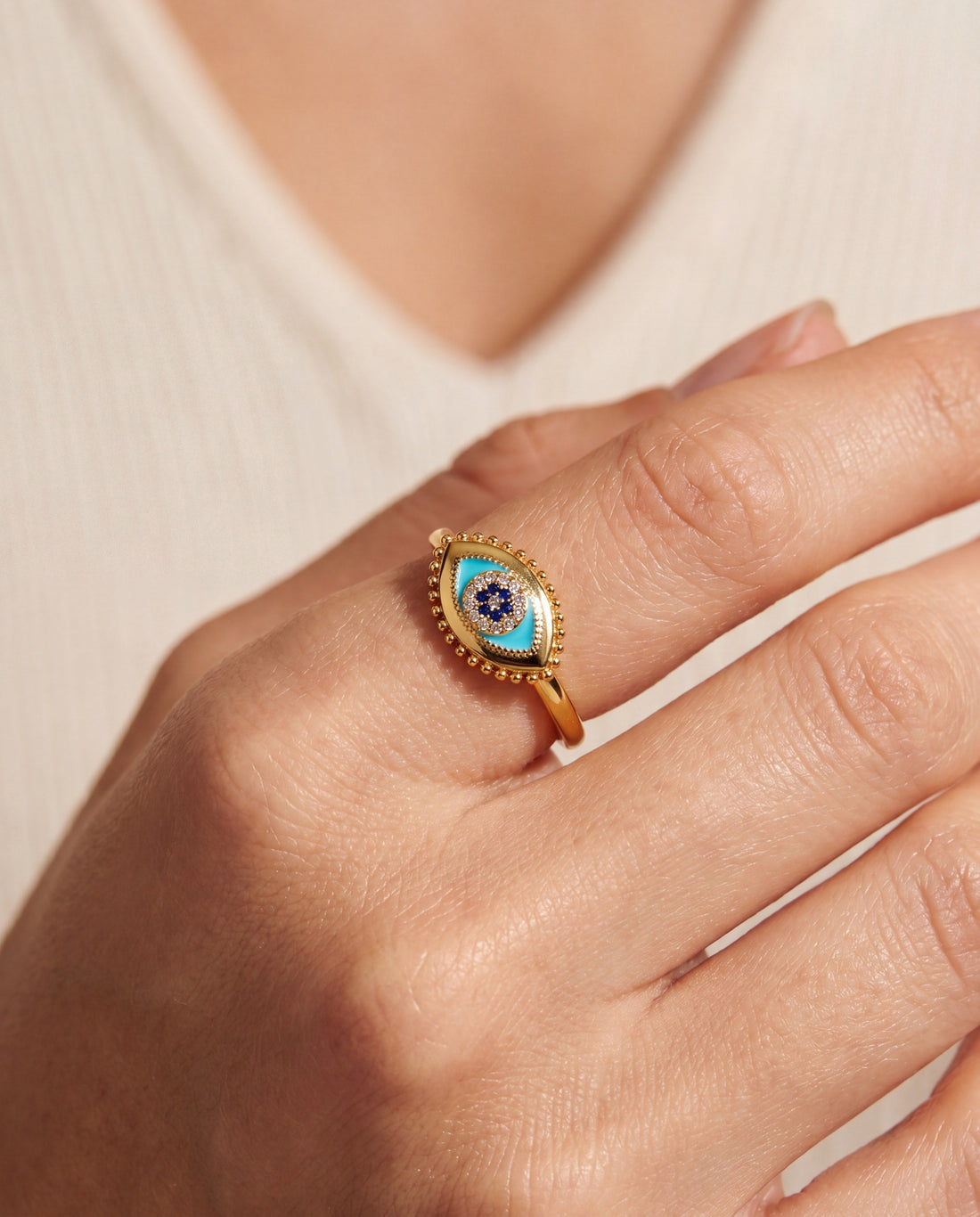 Evil Eye Ring with Sapphire Accents and Enamel Detailing