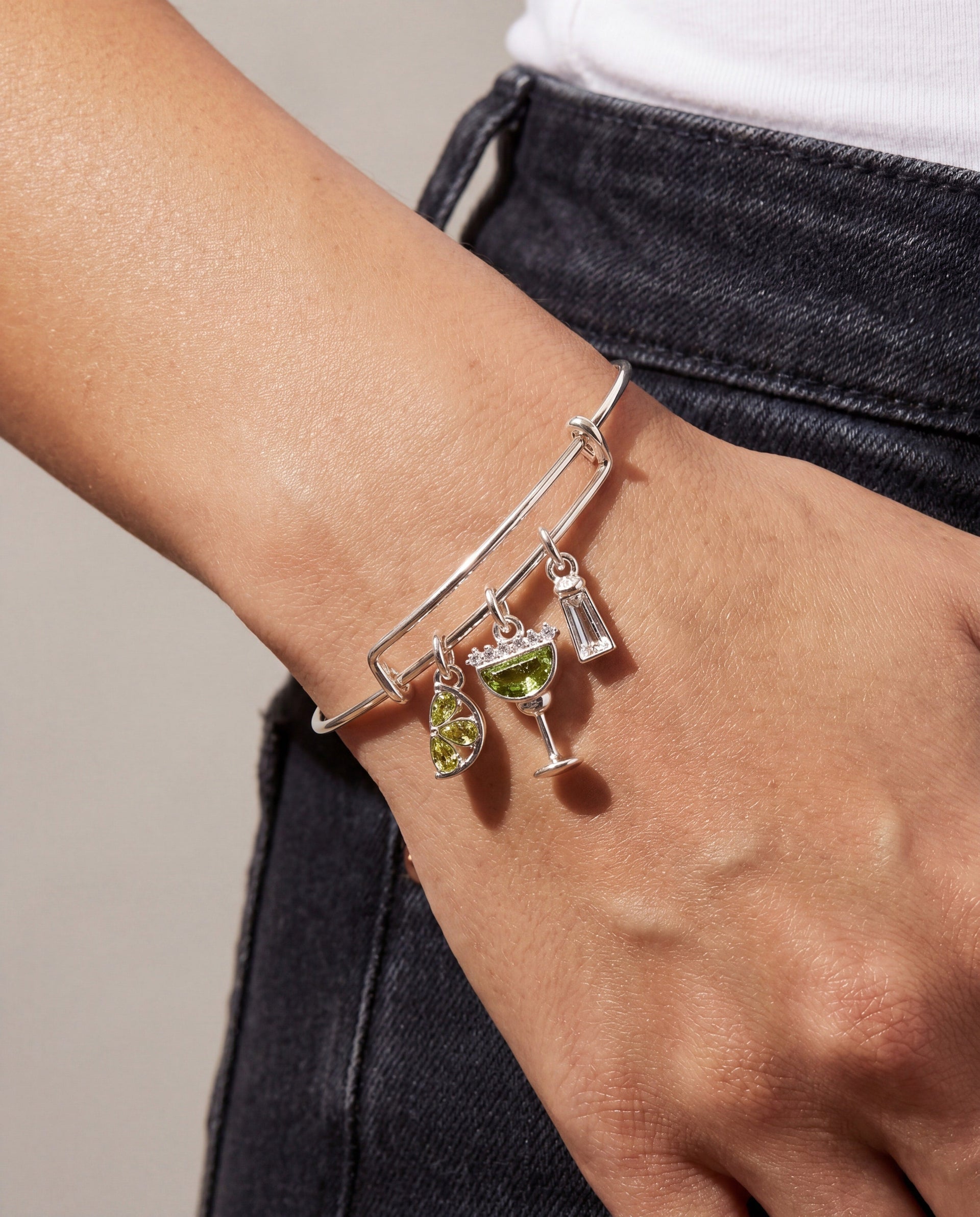 Margarita Cocktail Charm Bangle Bracelet with Green Crystals