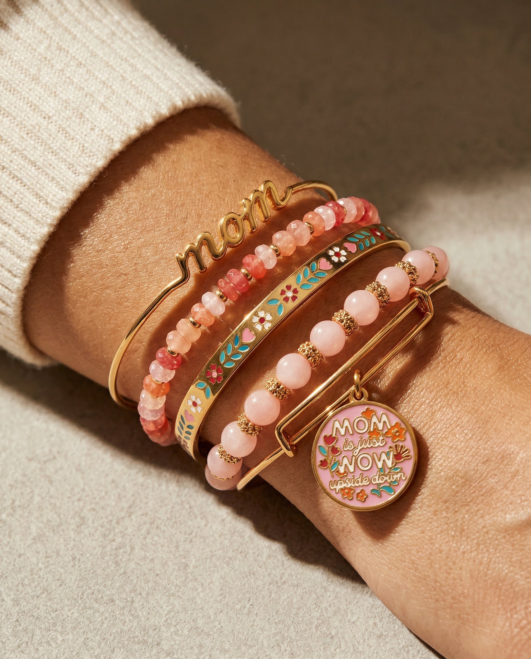 Mom Is Just Wow Upside Down Bangle Set of 5 in Gold and Pink