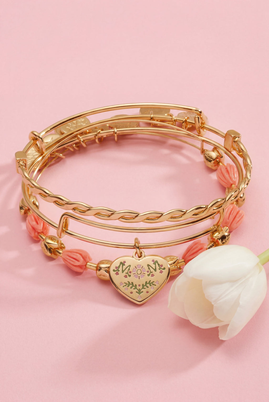 Floral Mom Tulip Bangle Bracelet Set of 3 in Gold and Pink