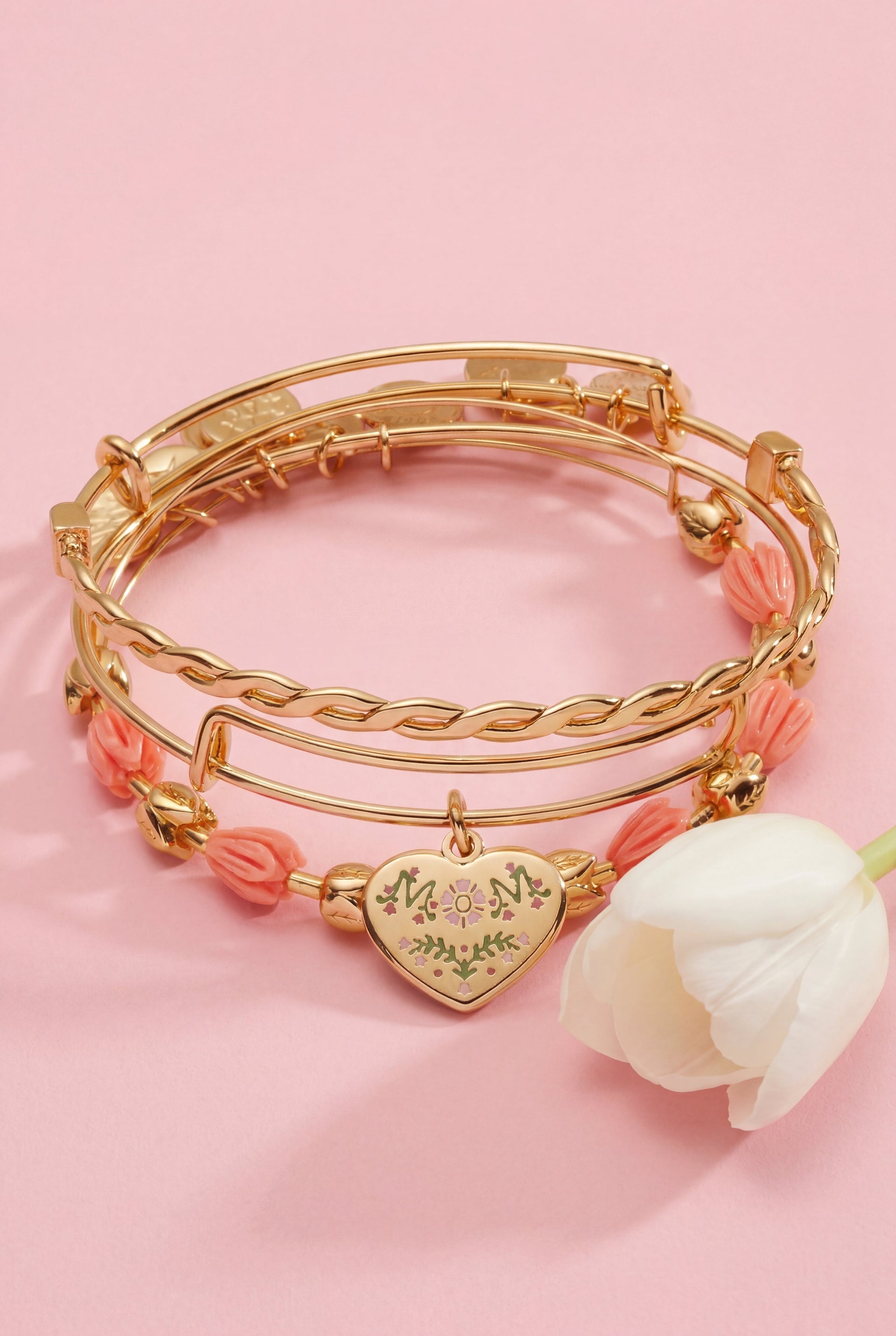 Floral Mom Tulip Bangle Bracelet Set of 3 in Gold and Pink