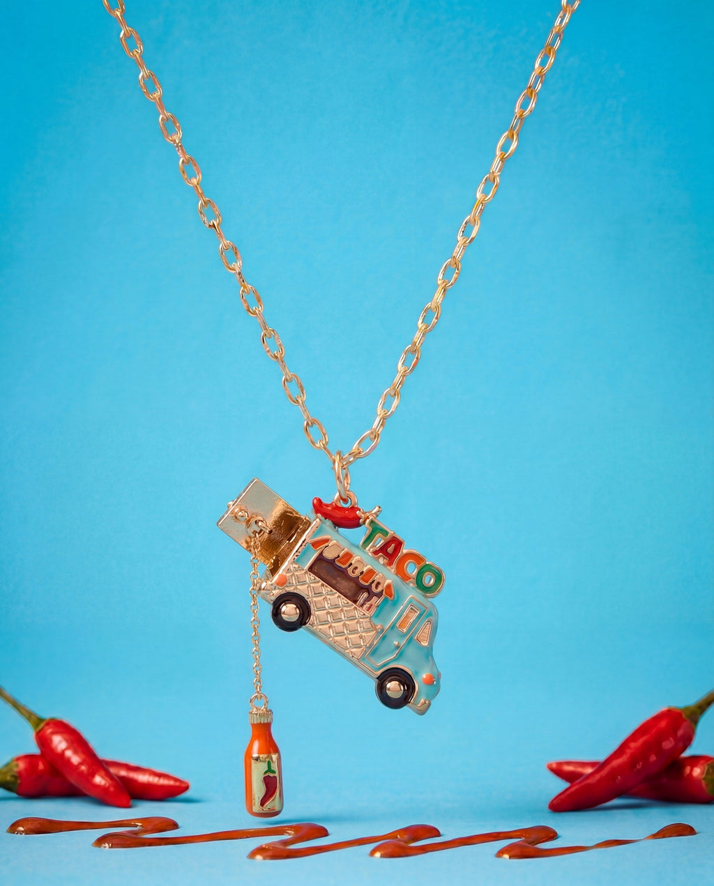 Gold-Plated Taco Truck Locket Necklace with Hot Sauce Charm
