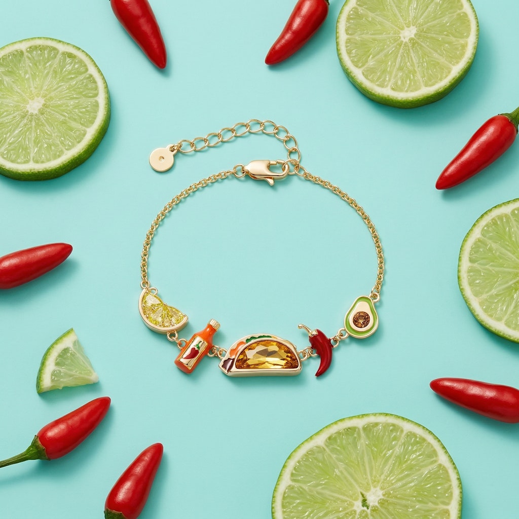 Taco Inline Charm Bracelet with Peridot and Topaz Crystals