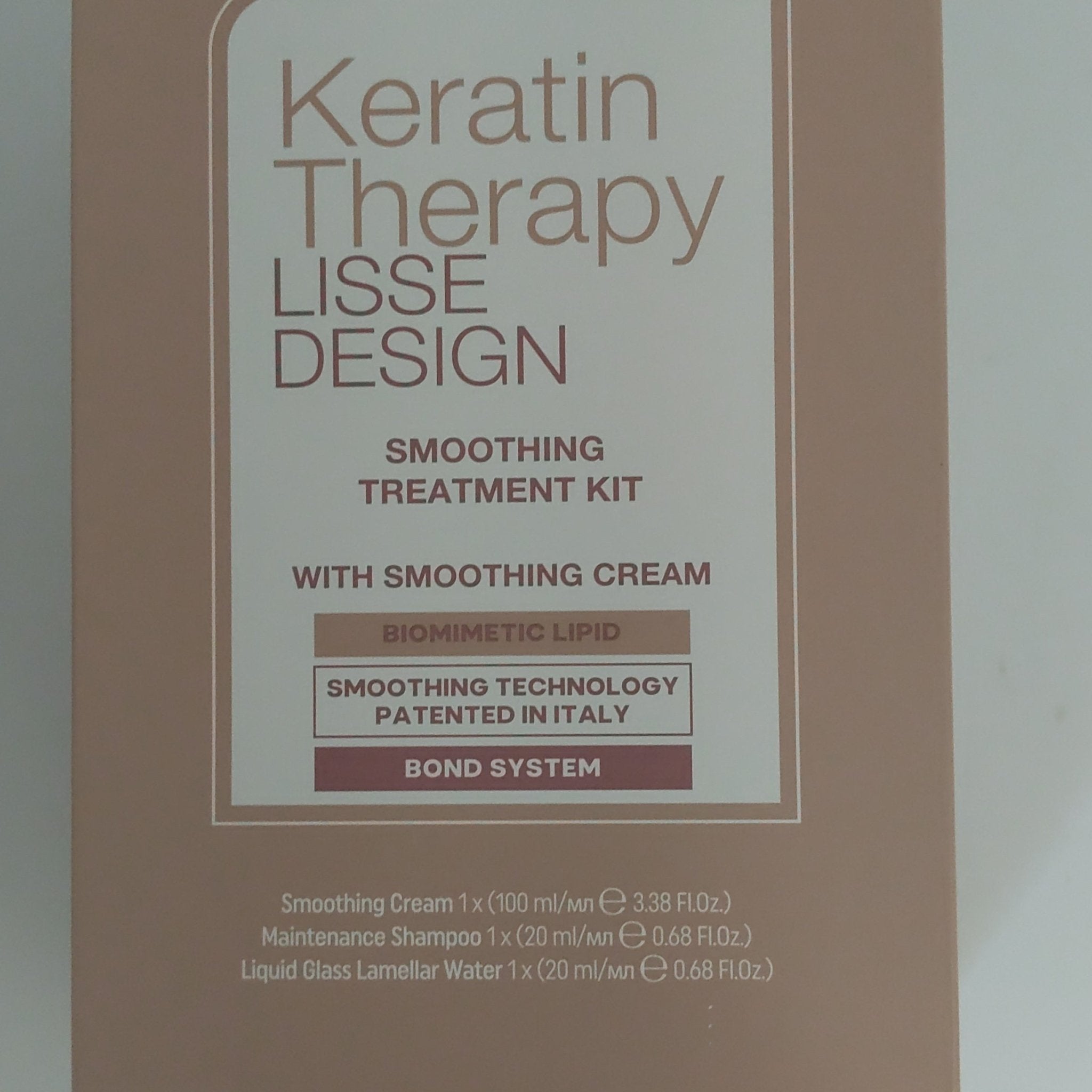Alfaparf Milano Lisse Design Keratin Hair Treatment kit in neutral beige and brown packaging.