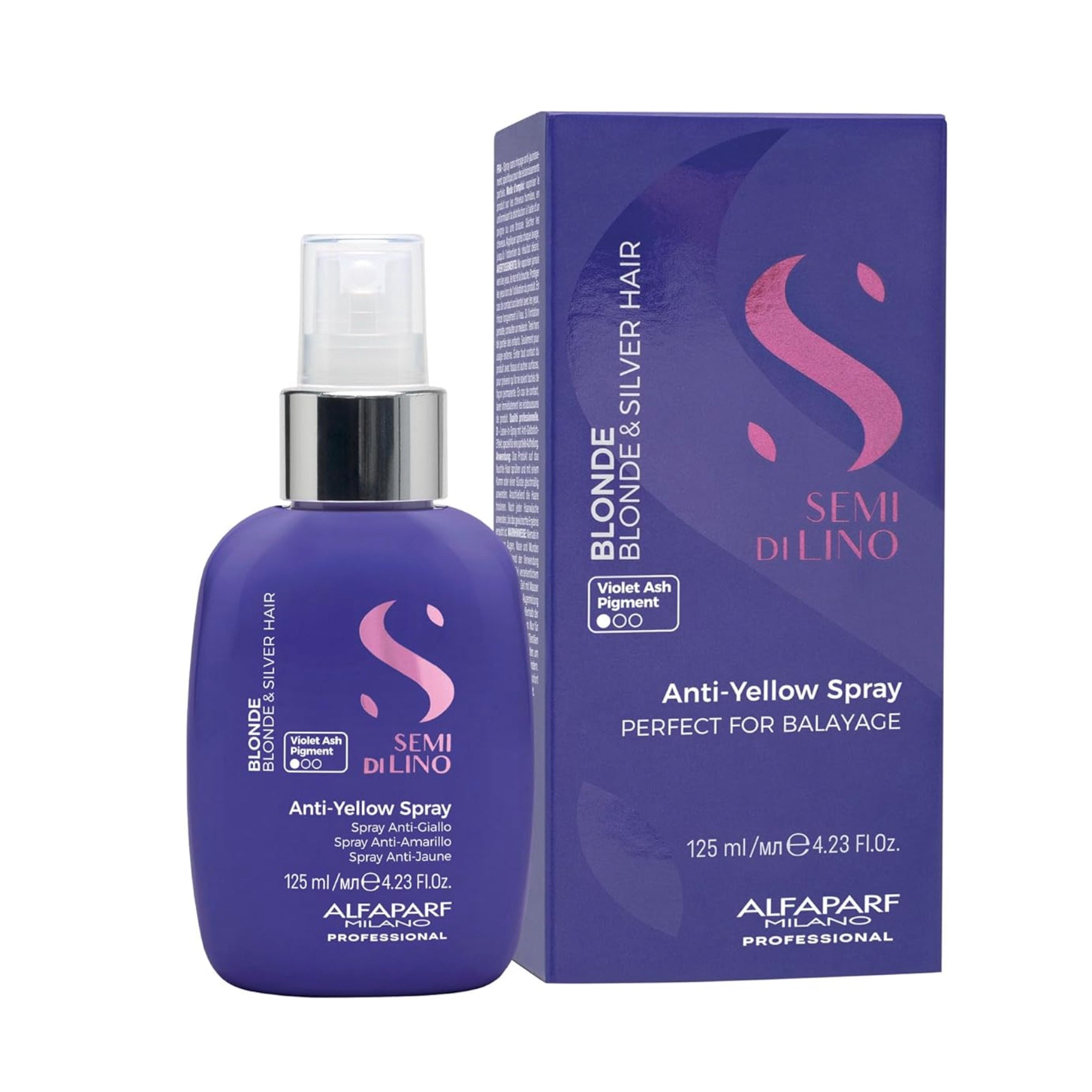 Alfaparf Milano Semi Di Lino Blonde Anti-Yellow Spray 125ml bottle for neutralizing brassy tones in blonde hair.