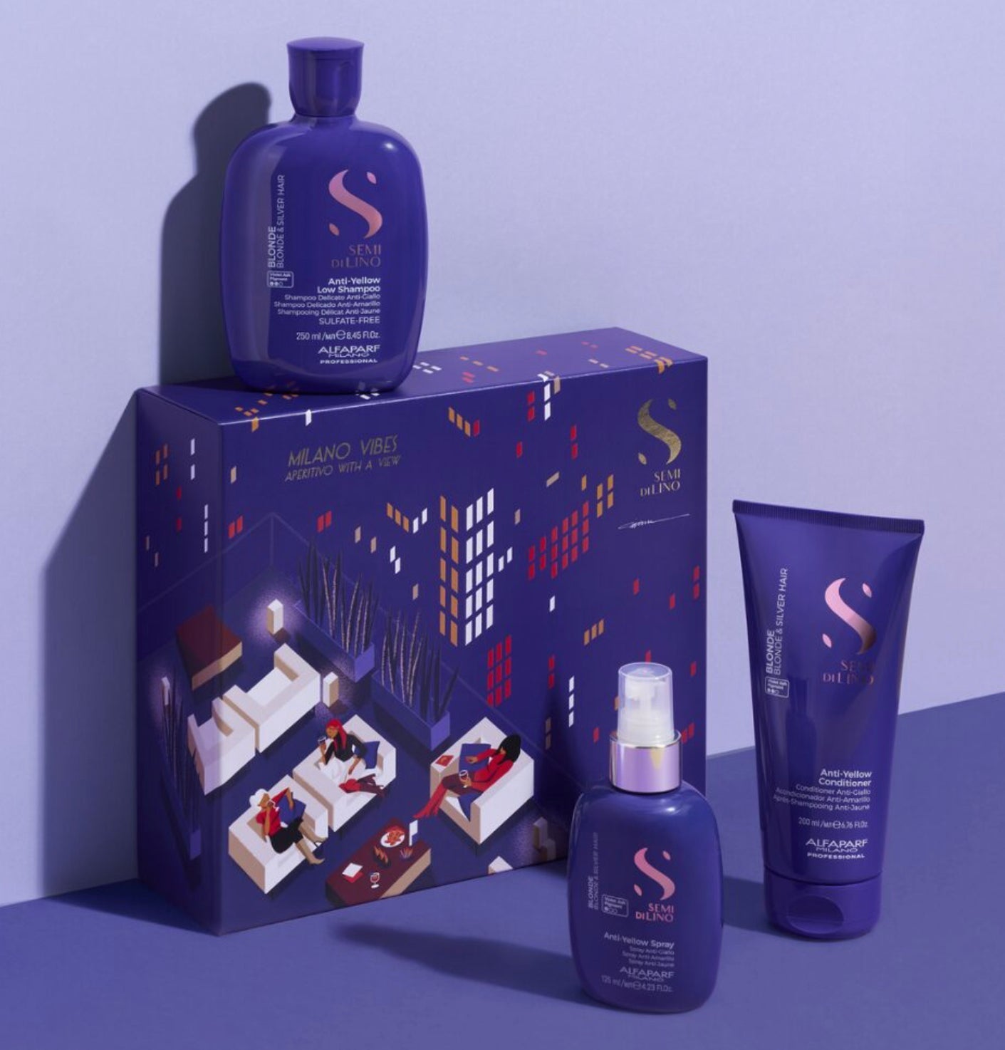 Alfaparf Milano Semi Di Lino Blonde and Silver hair care gift set featuring shampoo, conditioner, and toner spray.