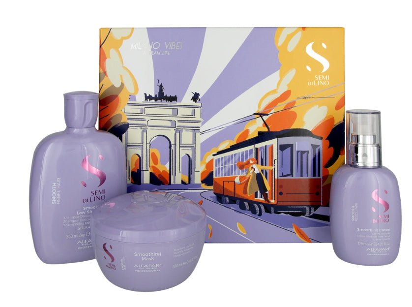 Alfaparf Milano Semi Di Lino Smooth Gift Set with shampoo, mask, and smoothing cream for frizzy hair