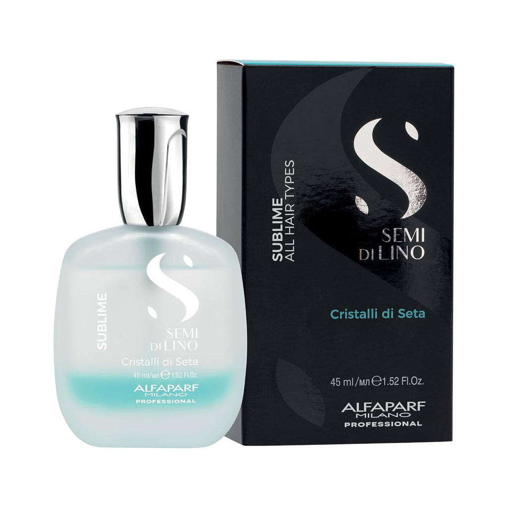 Bottle of Alfaparf Milano Semi Di Lino Sublime Cristalli Di Seta smoothing serum for fine hair