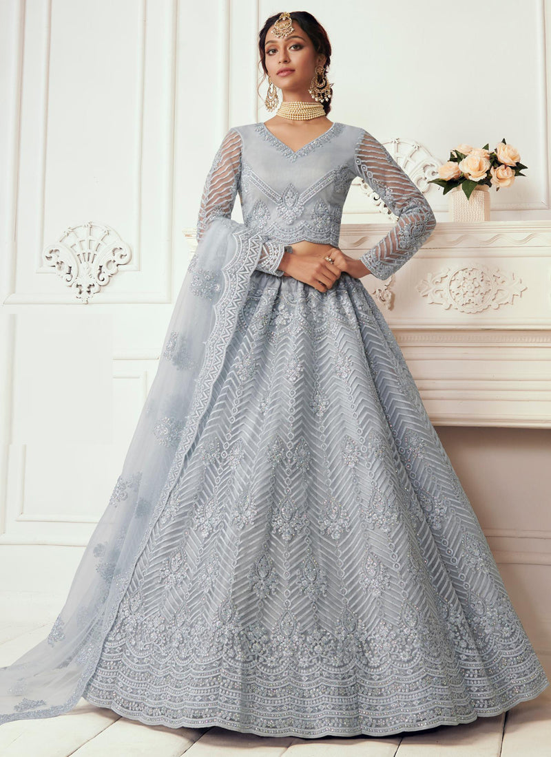 Light grey net embroidered wedding lehenga with matching dupatta