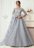 Light grey net embroidered wedding lehenga with matching dupatta