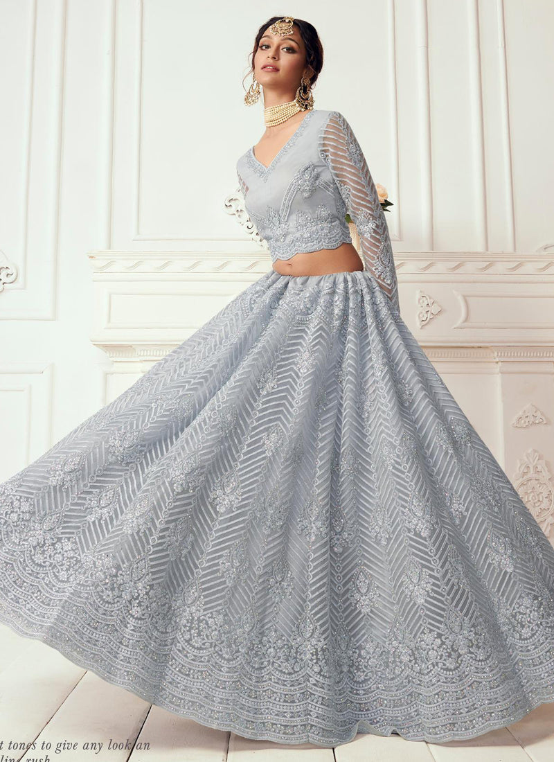 Light Grey Net Embroidered Wedding Lehenga Choli