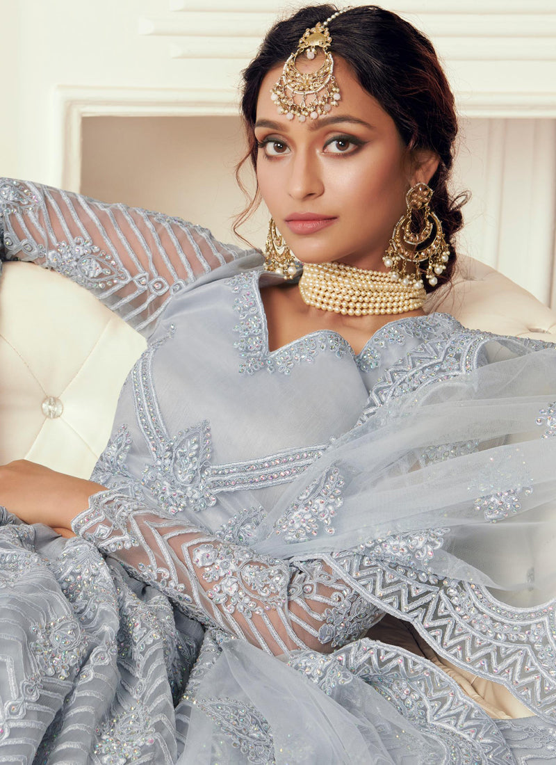 Light Grey Net Embroidered Wedding Lehenga Choli