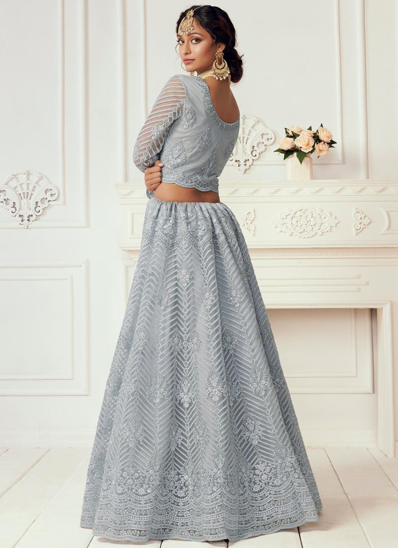 Light Grey Net Embroidered Wedding Lehenga Choli