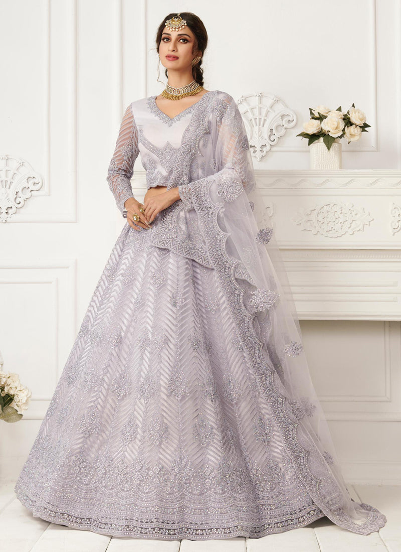 Lavender net wedding lehenga with beautiful embroidery details