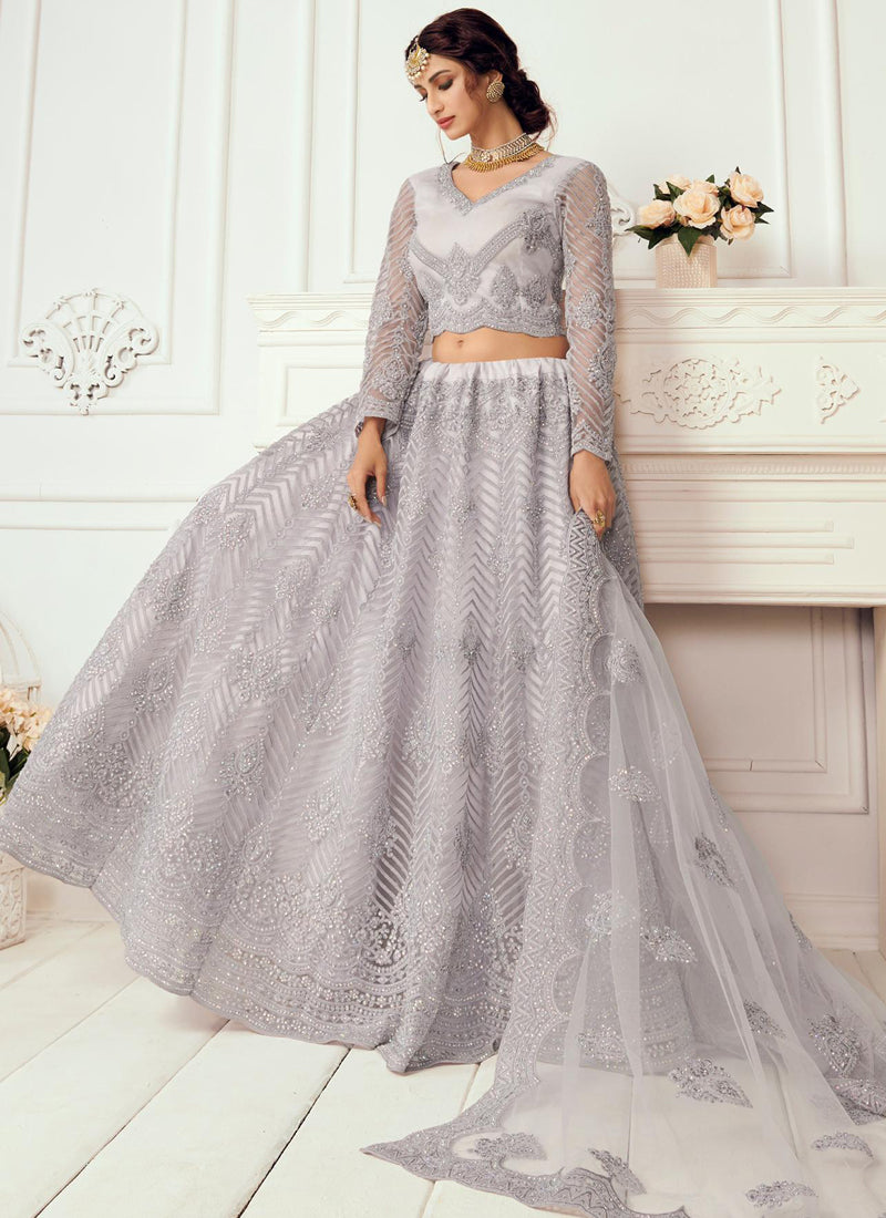 Lavender Net Embroidered Wedding Lehenga Choli Designer Set