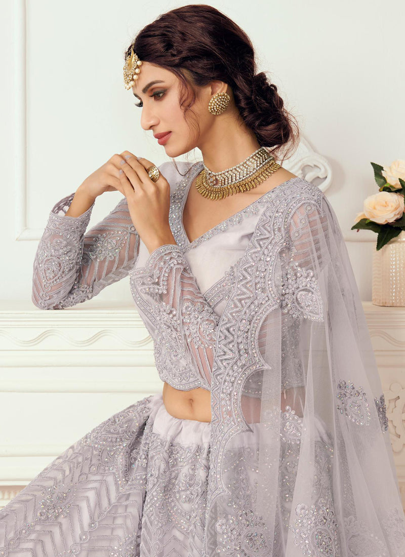 Lavender Net Embroidered Wedding Lehenga Choli Designer Set