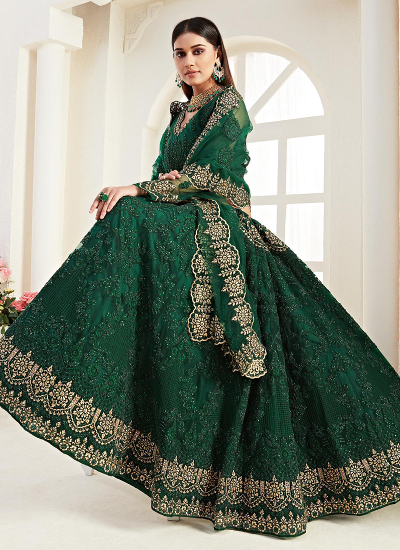 Green Net Embroidered Wedding Lehenga Choli Set