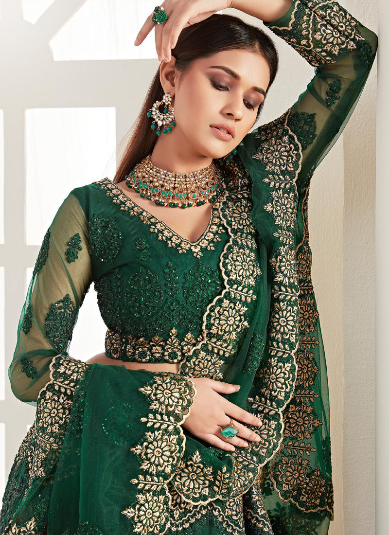 Green Net Embroidered Wedding Lehenga Choli Set