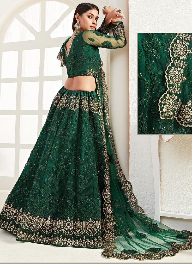 Green Net Embroidered Wedding Lehenga Choli Set