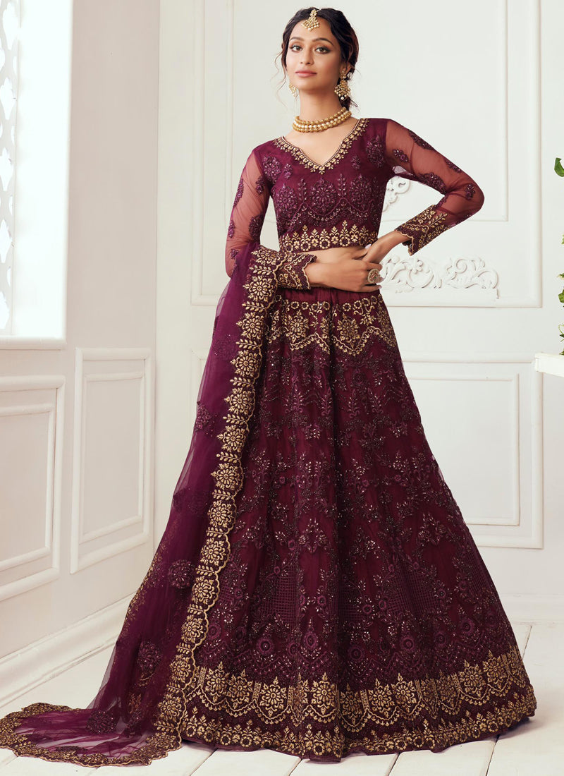 Deep wine net embroidered wedding lehenga with matching dupatta