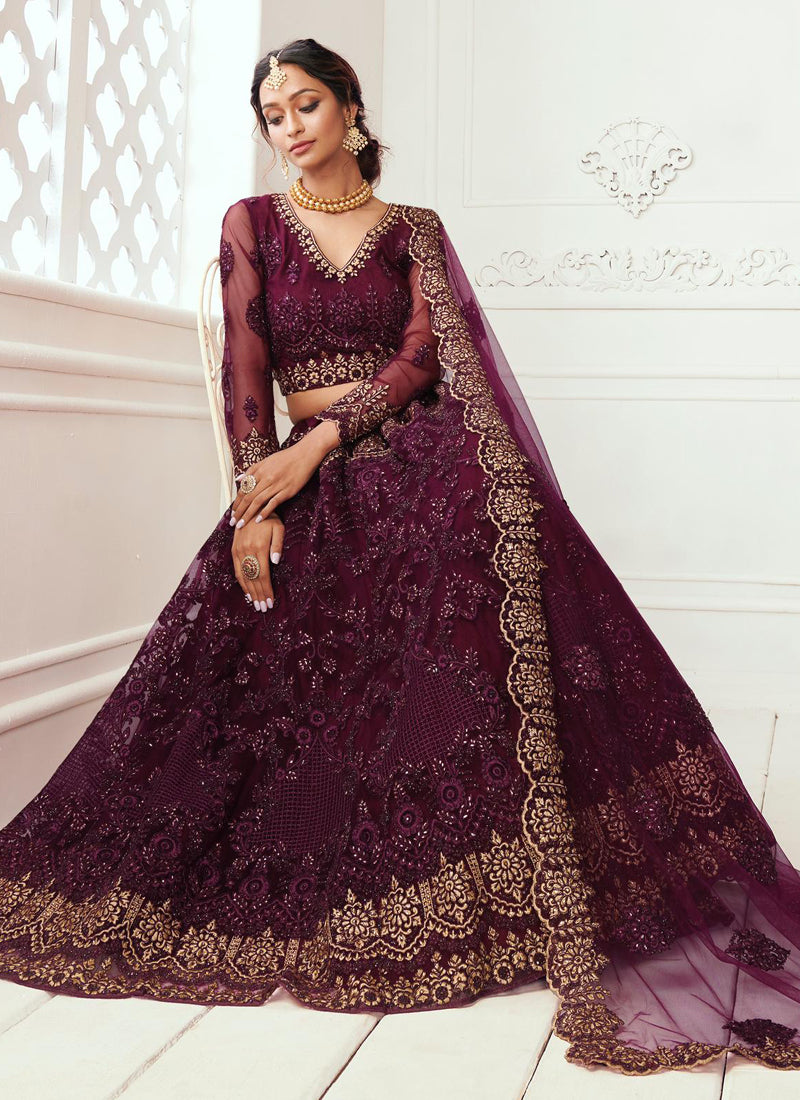 Wine Net Embroidered Wedding Lehenga Choli Ensemble