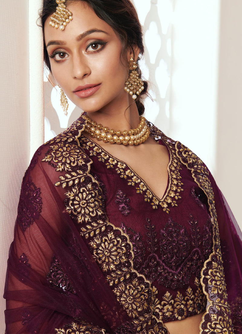 Wine Net Embroidered Wedding Lehenga Choli Ensemble