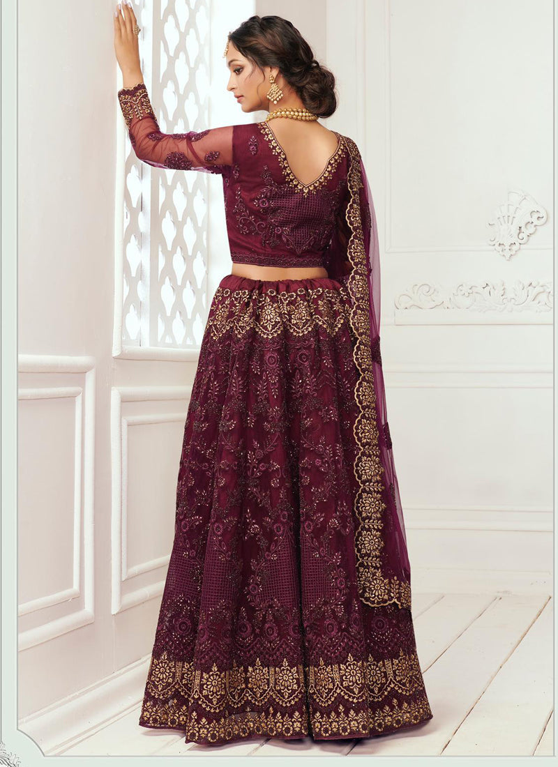 Wine Net Embroidered Wedding Lehenga Choli Ensemble