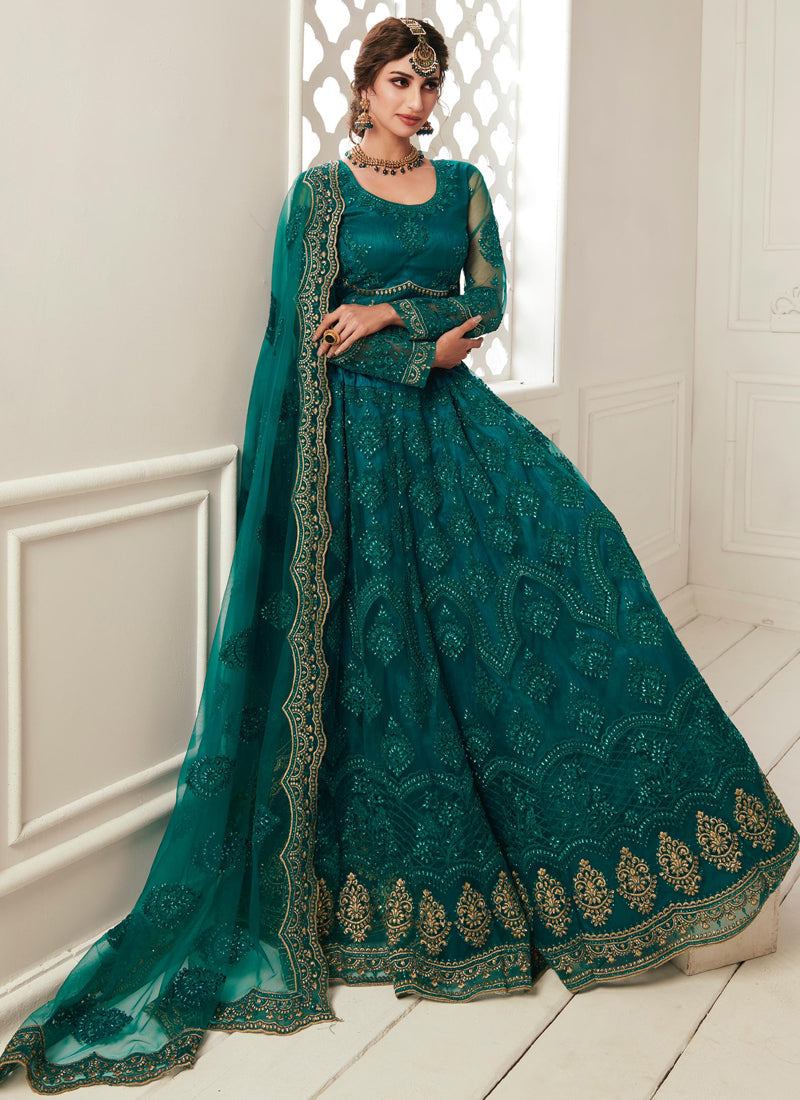 Teal Green Net Embroidered Wedding Lehenga Set