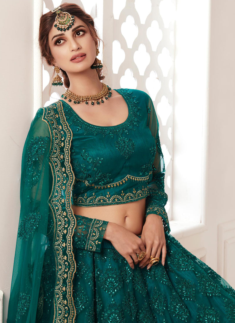 Teal Green Net Embroidered Wedding Lehenga Set