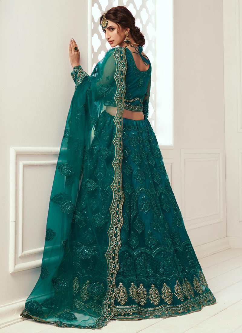 Teal Green Net Embroidered Wedding Lehenga Set