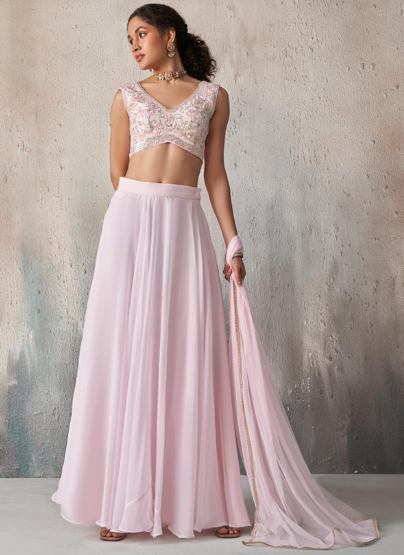 Modern light pink georgette palazzo-style lehenga set for contemporary ethnic events.