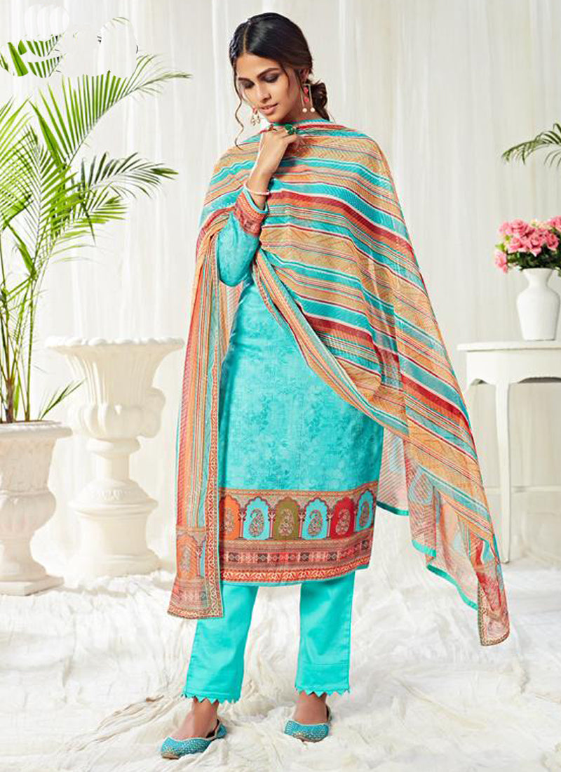 Vegaa Fashion Sky Blue Cotton Digital Printed Swarwoski Work Salwar Suit