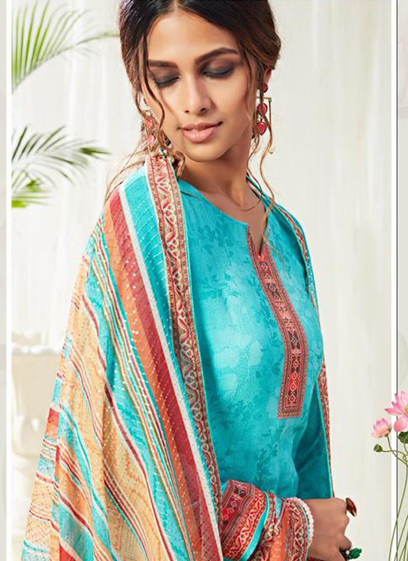 Vegaa Fashion Sky Blue Cotton Digital Printed Swarwoski Work Salwar Suit