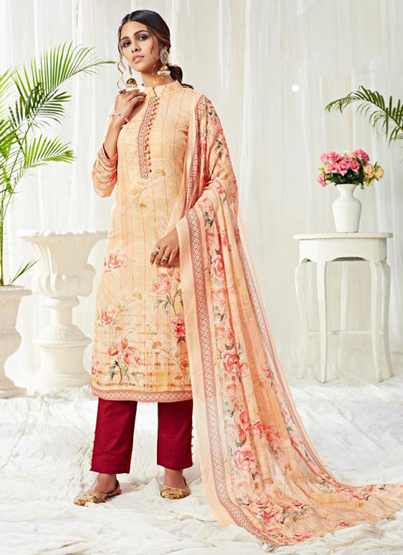 Vegaa Fashion Cream Cotton Digital Printed Swarwoski Work Salwar Suit