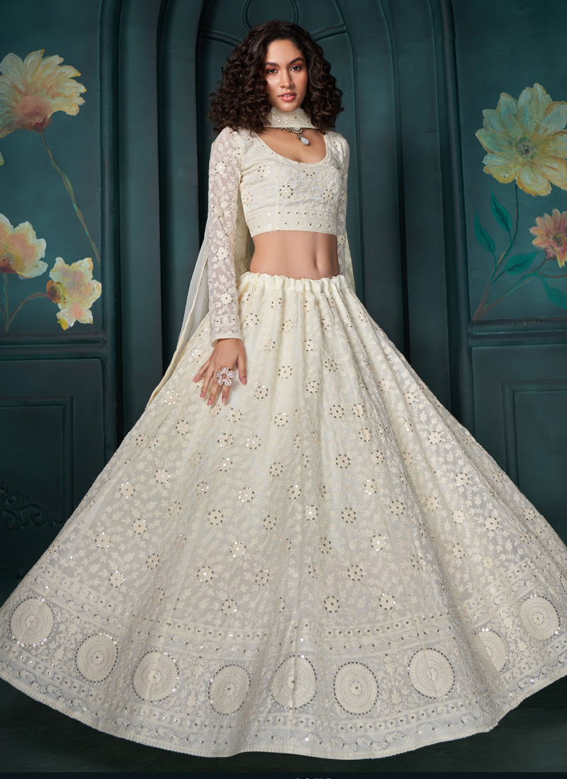 Off White Georgette Embroidered Wedding Lehenga Set