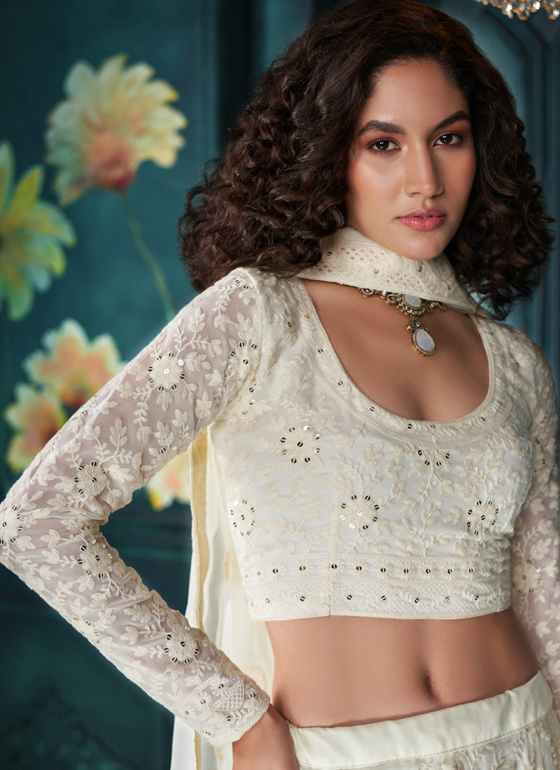 Off White Georgette Embroidered Wedding Lehenga Set