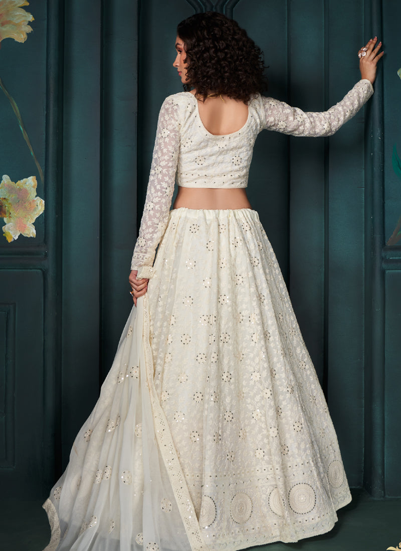 Off White Georgette Embroidered Wedding Lehenga Set