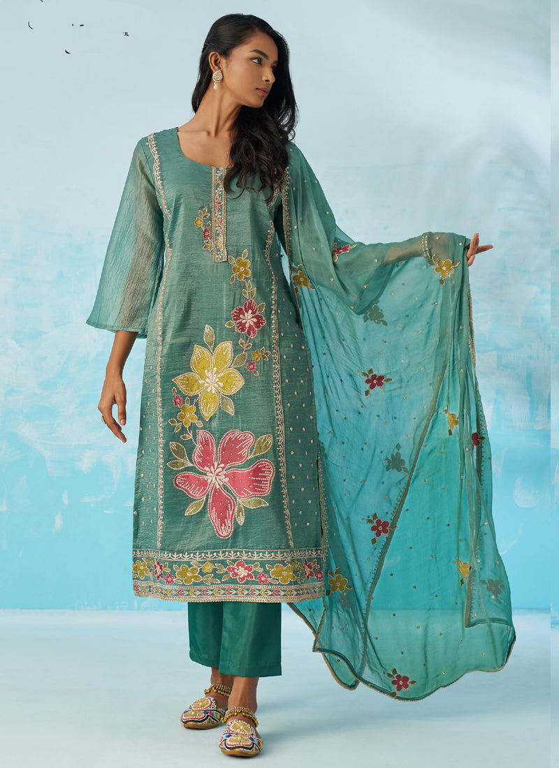Elegant turquoise organza party wear suit with intricate Gota Patti embroidery and dupatta
