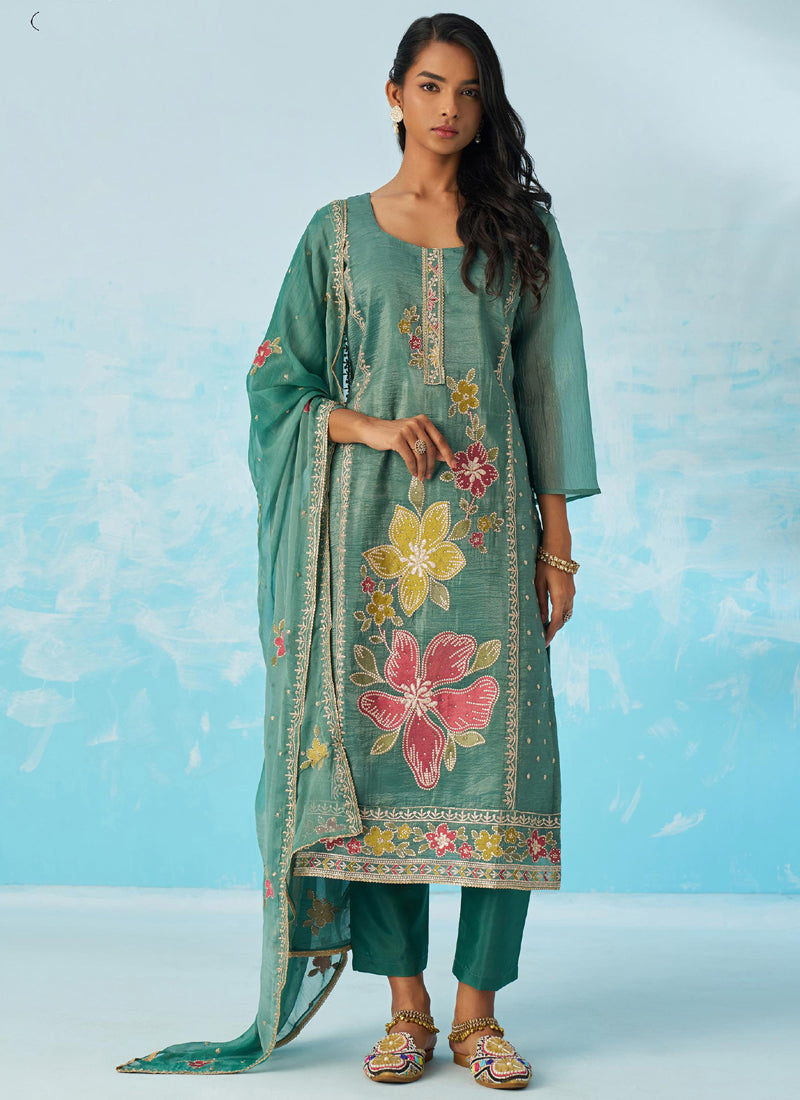 Turquoise Organza Embroidered Party Wear Suit Set for Women