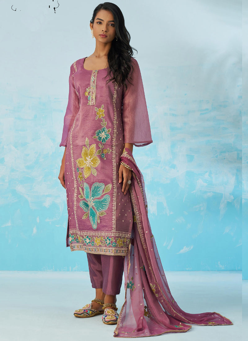 Front view of a lavender organza party wear suit with intricate Gota Patti embroidery and matching dupatta.