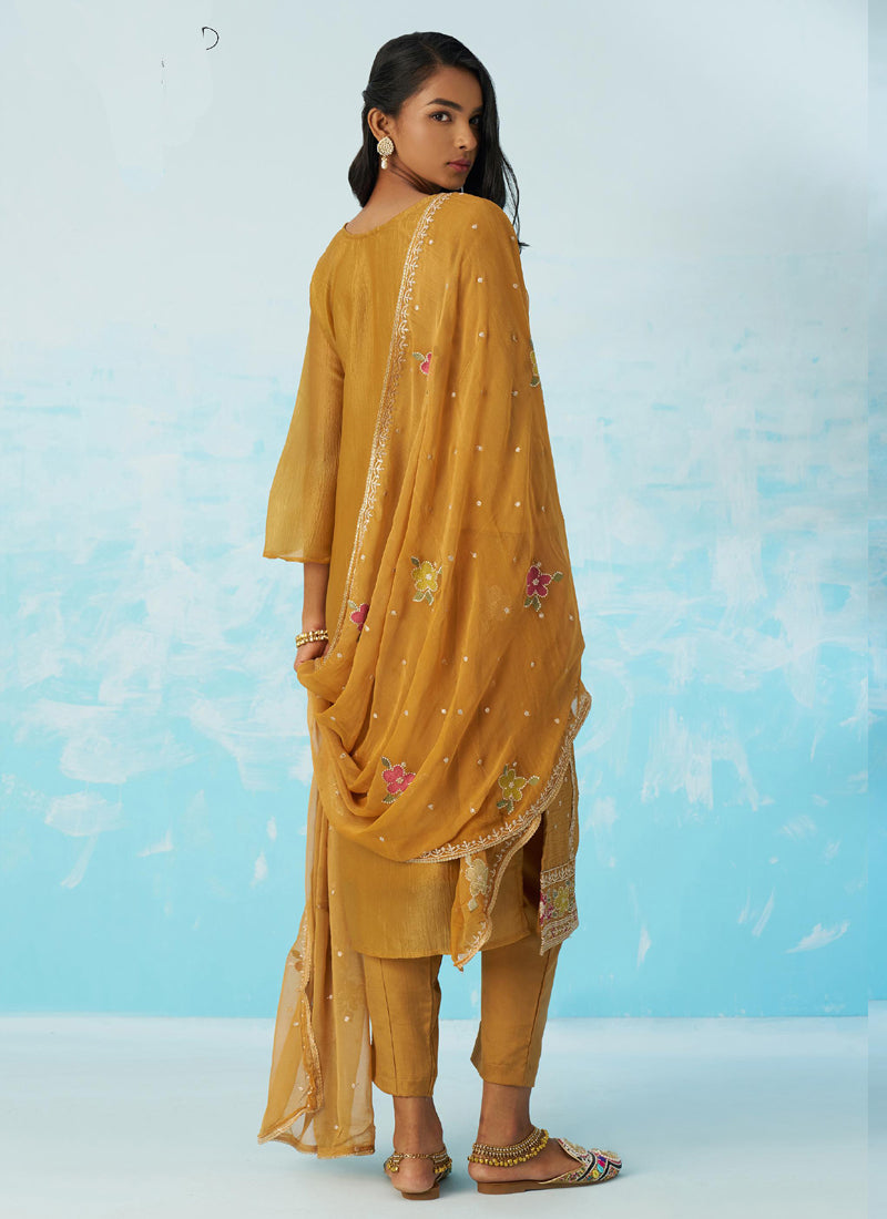 Mustard Organza Embroidered Party Wear Suit
