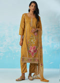 Mustard Organza party wear suit with intricate gold embroidery and Gota Patti detailing