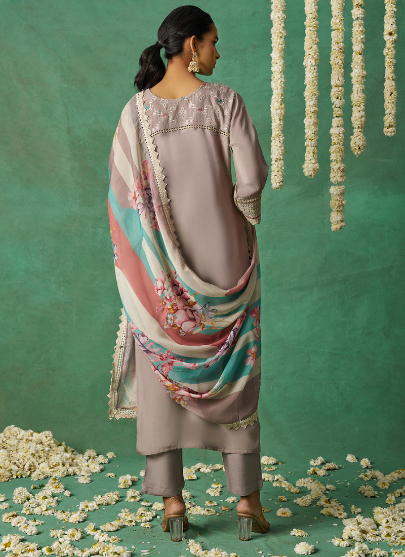 Vegaa Fashion Beige Pure Organza Embroidered Wedding Wear Suit