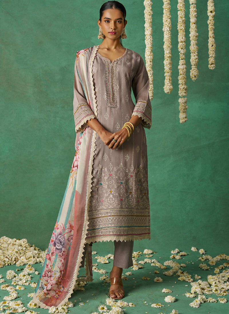 Vegaa Fashion Beige Pure Organza Embroidered Wedding Wear Suit